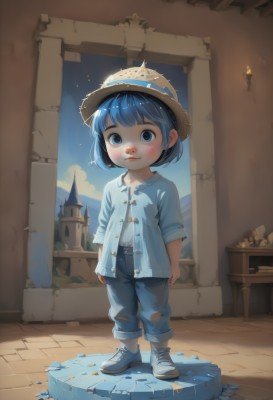 1girl,solo,looking at viewer,blush,smile,short hair,bangs,blue eyes,shirt,hat,closed mouth,blue hair,standing,jacket,full body,outdoors,sky,shoes,day,pants,blue sky,lips,torn clothes,denim,sneakers,child,jeans,straw hat,unbuttoned,female child,white shirt,short sleeves,white footwear,blue pants