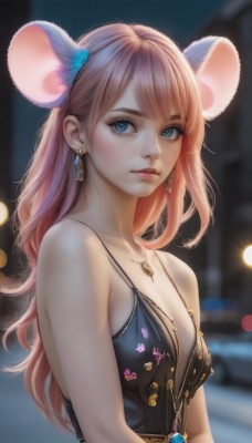 1girl,solo,long hair,breasts,looking at viewer,bangs,blue eyes,dress,animal ears,cleavage,bare shoulders,jewelry,medium breasts,closed mouth,collarbone,upper body,pink hair,earrings,small breasts,sleeveless,necklace,mole,blurry,black dress,lips,mole under eye,blurry background,gem,pendant,freckles,realistic,mouse ears,nose,brown hair,hair ornament,sleeveless dress,chinese zodiac