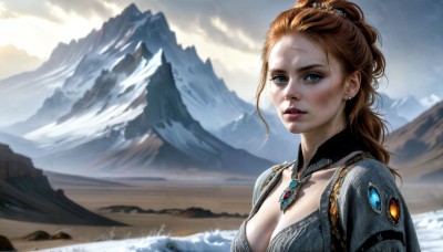 HQ,1girl,solo,long hair,breasts,looking at viewer,blue eyes,brown hair,cleavage,jewelry,medium breasts,upper body,ponytail,earrings,outdoors,parted lips,sky,cloud,necklace,lips,cloudy sky,gem,snow,mountain,realistic,dirty,hair pulled back,collarbone,teeth,day,signature,scar,sunlight,freckles