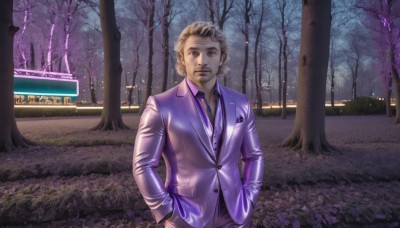 solo,looking at viewer,blonde hair,brown hair,shirt,1boy,brown eyes,jacket,male focus,outdoors,necktie,tree,night,facial hair,formal,suit,ground vehicle,realistic,hands in pockets,mustache,purple shirt,blue eyes,collared shirt,nature,scenery,road,bare tree