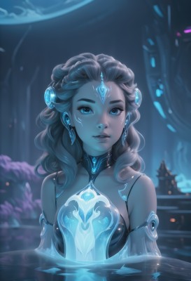 1girl,solo,long hair,breasts,looking at viewer,blue eyes,brown hair,hair ornament,dress,bare shoulders,jewelry,collarbone,upper body,earrings,parted lips,detached sleeves,artist name,water,blurry,lips,makeup,blurry background,glowing,facial mark,gem,partially submerged,blue theme,crystal,nose,forehead jewel,medium breasts,small breasts,eyelashes,eyeshadow,android,joints,cyborg