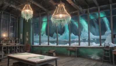 sky,cloud,indoors,book,no humans,window,night,chair,table,curtains,star (sky),night sky,scenery,snow,desk,starry sky,wooden floor,paper,mountain,fantasy,light,lamp,ceiling,ceiling light,telescope,wooden chair,ice,lantern,painting (object),floor,chandelier,aurora