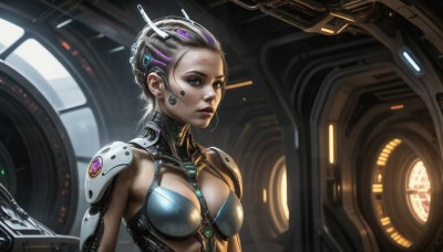 HQ,1girl,solo,breasts,looking at viewer,short hair,blue eyes,hair ornament,cleavage,medium breasts,closed mouth,upper body,grey hair,multicolored hair,armor,lips,makeup,headgear,science fiction,realistic,nose,cable,cyborg,hair pulled back,cyberpunk,purple hair,earrings,indoors,lipstick