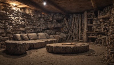 monochrome,indoors,no humans,scenery,wall,ruins,brown theme,chandelier,pillow,rock,light,stone,wood