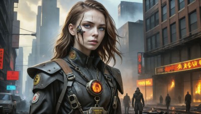 HQ,1girl,long hair,looking at viewer,blue eyes,brown hair,jewelry,jacket,outdoors,parted lips,multiple boys,sky,solo focus,necklace,armor,lips,bodysuit,scar,fire,ground vehicle,shoulder armor,building,motor vehicle,smoke,science fiction,rain,city,sign,realistic,car,police,cyborg,power armor,soldier,cyberpunk,burning,standing,upper body,uniform,zipper,emblem,shoulder pads,badge,dirty,dog tags,skyscraper,dirty face,earpiece