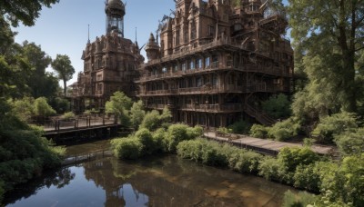 outdoors,sky,day,cloud,water,tree,blue sky,no humans,window,building,nature,scenery,forest,fantasy,bush,bridge,river,tower,arch,reflection,railing,architecture,reflective water