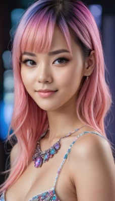 1girl,solo,long hair,breasts,looking at viewer,smile,bangs,cleavage,bare shoulders,brown eyes,jewelry,medium breasts,closed mouth,underwear,swimsuit,upper body,pink hair,bikini,multicolored hair,earrings,necklace,bra,blurry,lips,makeup,blurry background,realistic,eyelashes