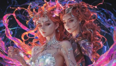 long hair,breasts,looking at viewer,blue eyes,multiple girls,hair ornament,dress,2girls,cleavage,bare shoulders,jewelry,medium breasts,closed mouth,green eyes,upper body,red hair,earrings,parted lips,hand up,necklace,nail polish,orange hair,armor,lips,eyelashes,makeup,glowing,wavy hair,facial mark,half-closed eyes,black background,shoulder armor,gem,clenched hand,dual persona,eyeshadow,pauldrons,crystal,red lips,forehead jewel,dark background,white dress,forehead mark,branch