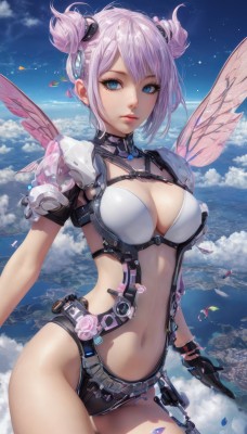 1girl,solo,breasts,looking at viewer,short hair,bangs,blue eyes,large breasts,hair ornament,gloves,navel,cleavage,medium breasts,closed mouth,pink hair,cowboy shot,wings,sky,day,black gloves,cloud,hair bun,armor,blue sky,lips,petals,double bun,flying,science fiction,planet,mechanical wings,standing,purple hair,outdoors,stomach,leotard,eyelashes,ocean,cloudy sky,revealing clothes,realistic,nose,fairy wings,fairy,energy wings