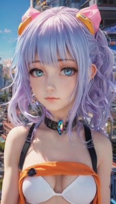 1girl,solo,long hair,breasts,looking at viewer,bangs,blue eyes,hair ornament,cleavage,bare shoulders,jewelry,medium breasts,closed mouth,underwear,collarbone,swimsuit,upper body,ponytail,sidelocks,bikini,earrings,small breasts,outdoors,sky,choker,day,medium hair,bra,collar,aqua eyes,blue sky,lips,eyelashes,headgear,white bikini,building,bikini top only,white bra,city,grey hair,realistic,cityscape