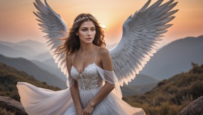 1girl,solo,long hair,breasts,brown hair,dress,cleavage,bare shoulders,brown eyes,medium breasts,collarbone,outdoors,wings,sky,white dress,blurry,tree,lips,blurry background,sunlight,tiara,nature,feathered wings,sunset,angel wings,mountain,realistic,white wings,sun,angel,scenery,head wreath