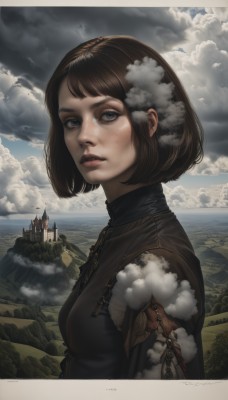 1girl,solo,breasts,looking at viewer,short hair,bangs,blue eyes,brown hair,upper body,outdoors,parted lips,sky,day,artist name,cloud,signature,lips,bob cut,cloudy sky,scenery,smoke,freckles,mountain,nose,water,from side,blue sky,eyelashes,makeup,turtleneck,bird,ocean,realistic,horizon,castle,landscape