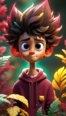 solo,looking at viewer,smile,short hair,brown hair,1boy,brown eyes,closed mouth,upper body,flower,male focus,outdoors,artist name,hood,blurry,hoodie,blurry background,leaf,thick eyebrows,hood down,spiked hair,child,backlighting,freckles,drawstring,male child,red hoodie,black hair,watermark,messy hair