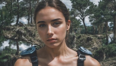 1girl,solo,looking at viewer,short hair,brown hair,brown eyes,jewelry,closed mouth,collarbone,earrings,outdoors,day,black eyes,tree,lips,backpack,portrait,nature,forest,freckles,realistic,nose,upper body,sky,cloud,bag,cloudy sky,forehead