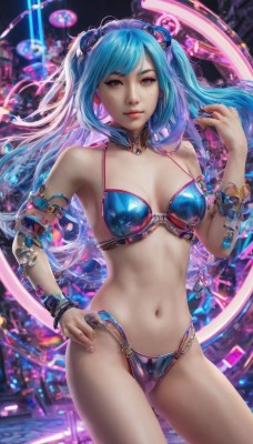 1girl,solo,long hair,breasts,looking at viewer,smile,bangs,navel,cleavage,bare shoulders,twintails,brown eyes,jewelry,medium breasts,blue hair,standing,swimsuit,bikini,cowboy shot,nail polish,mole,bracelet,lips,hand on hip,blue bikini,armlet,blue nails,contrapposto,realistic,bikini armor,hair ornament,closed mouth,pink hair,multicolored hair,choker,artist name,stomach,blurry,gradient hair,blurry background,watermark,web address,cyberpunk,neon lights