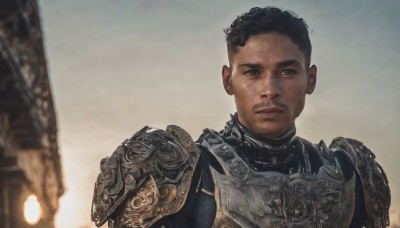 solo,looking at viewer,short hair,black hair,1boy,brown eyes,closed mouth,upper body,male focus,outdoors,sky,dark skin,armor,blurry,black eyes,lips,blurry background,facial hair,dark-skinned male,shoulder armor,portrait,pauldrons,breastplate,realistic,beard,very short hair,grey sky