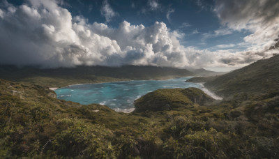 outdoors, sky, day, cloud, tree, blue sky, no humans, ocean, cloudy sky, grass, nature, scenery, forest, mountain, horizon, field, landscape