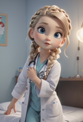 1girl,solo,long hair,looking at viewer,smile,blue eyes,blonde hair,long sleeves,braid,parted lips,indoors,blurry,twin braids,lips,bed,blurry background,on bed,aged down,child,hair over shoulder,freckles,labcoat,female child,lamp,stethoscope,doctor,age regression,blush,dress,jewelry,earrings,artist name,flat chest,eyelashes,kneeling,depth of field,thick eyebrows,forehead,nose,aqua dress