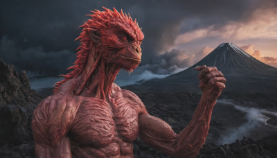 solo, red eyes, 1boy, male focus, outdoors, sky, cloud, no humans, muscular, night, veins, monster, mountain