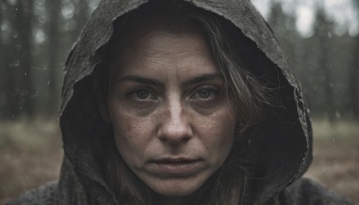 1girl,solo,looking at viewer,brown hair,1boy,brown eyes,closed mouth,male focus,outdoors,parted lips,teeth,hood,blurry,black eyes,lips,grey eyes,depth of field,blurry background,portrait,hood up,freckles,rain,realistic,straight-on,cloak,close-up,nose