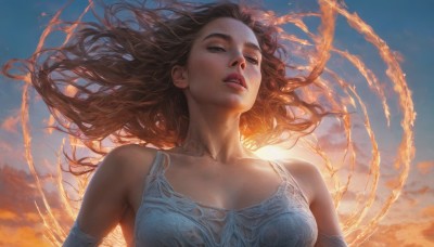 1girl,solo,long hair,breasts,brown hair,dress,bare shoulders,jewelry,medium breasts,collarbone,closed eyes,upper body,outdoors,parted lips,sky,teeth,cloud,necklace,white dress,lips,floating hair,watermark,wind,freckles,sunset,realistic,nose,looking at viewer,brown eyes,day,blue sky,from below,sunlight,backlighting