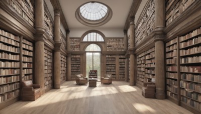 day,indoors,book,no humans,window,shadow,chair,table,sunlight,plant,scenery,light rays,wooden floor,stairs,clock,bookshelf,shelf,book stack,library,ladder,architecture,pillar,voile