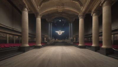 wings,indoors,no humans,halo,scenery,stairs,light,pillar,arch,column,solo,sky,night,moon,star (sky),night sky,starry sky,wooden floor,architecture,very wide shot