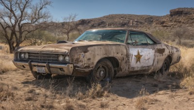 outdoors,sky,day,artist name,signature,tree,blue sky,military,no humans,grass,ground vehicle,scenery,motor vehicle,realistic,car,vehicle focus,bare tree,desert,dust,wheel,sports car,truck,tire