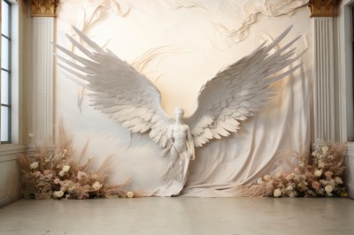 PREMIUM,solo,long hair,1boy,standing,flower,white hair,male focus,wings,indoors,window,rose,halo,sunlight,white flower,feathered wings,angel wings,light rays,white wings,angel,white rose,pillar,statue,multiple wings,white theme,arch,column,1girl,breasts,short hair,nude