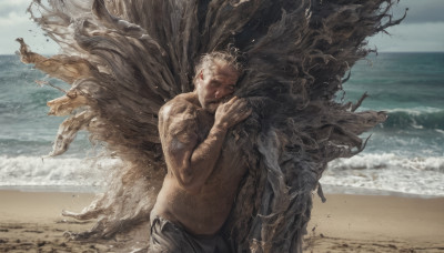 solo, short hair, 1boy, male focus, outdoors, sky, day, water, facial hair, ocean, beach, beard, topless male, realistic, sand, old, old man, waves