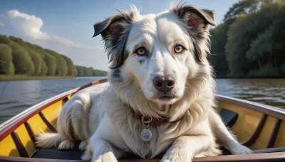 HQ,outdoors,sky,day,cloud,water,collar,tree,blue sky,no humans,animal,dog,realistic,watercraft,animal focus,river,boat,solo,looking at viewer,brown eyes,blurry,nature,bench,animal collar,park