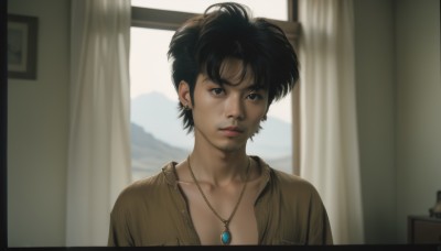 1girl,solo,looking at viewer,short hair,shirt,black hair,1boy,jewelry,closed mouth,collarbone,upper body,male focus,earrings,day,indoors,necklace,blurry,black eyes,lips,window,curtains,messy hair,androgynous,pendant,realistic,nose,brown shirt,border,portrait