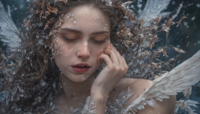 1girl,solo,long hair,brown hair,bare shoulders,closed eyes,parted lips,wings,teeth,hand up,lips,eyelashes,feathers,portrait,feathered wings,facing viewer,snow,hand on own face,angel wings,realistic,white wings,branch,angel,red lips,black hair,upper body,artist name,makeup,freckles,snowing