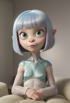 1girl,solo,breasts,looking at viewer,smile,short hair,bangs,sitting,closed mouth,green eyes,blue hair,upper body,white hair,grey hair,small breasts,pointy ears,indoors,blunt bangs,flat chest,covered nipples,lips,see-through,loli,bodysuit,bob cut,own hands together,couch,watermark,freckles,realistic,nose