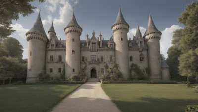 outdoors,sky,day,cloud,tree,blue sky,no humans,window,shadow,cloudy sky,grass,building,nature,scenery,road,bush,house,castle,tower,path,church