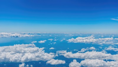 monochrome,outdoors,sky,day,cloud,blue sky,no humans,ocean,cloudy sky,scenery,blue theme,horizon,landscape,above clouds,water,flying,aircraft,island