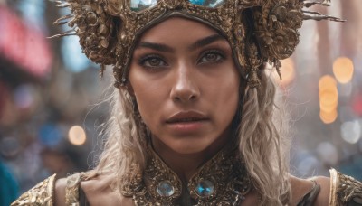 1girl,solo,long hair,looking at viewer,brown hair,brown eyes,jewelry,parted lips,armor,blurry,lips,eyelashes,depth of field,blurry background,gem,portrait,realistic,nose,hair ornament,teeth,helmet,close-up,freckles