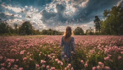 1girl, solo, long hair, brown hair, long sleeves, dress, standing, flower, outdoors, sky, day, cloud, from behind, tree, blue sky, petals, blue dress, cloudy sky, grass, nature, scenery, pink flower, facing away, field, flower field