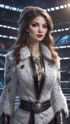 1girl,solo,long hair,breasts,looking at viewer,brown hair,gloves,cleavage,brown eyes,jewelry,medium breasts,earrings,parted lips,belt,necklace,lips,coat,fur trim,makeup,lipstick,science fiction,realistic,nose,white coat,red lips,large breasts,long sleeves,underwear,upper body,bra,wavy hair,black bra,eyeshadow