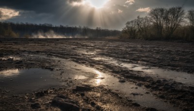 outdoors,sky,day,cloud,water,tree,no humans,sunlight,cloudy sky,nature,scenery,forest,reflection,sunset,light rays,rock,mountain,sun,sunbeam,river,landscape,bare tree