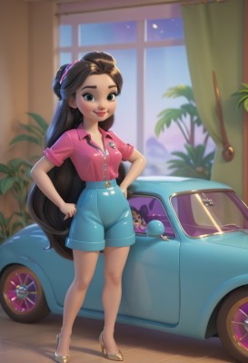 1girl,solo,long hair,breasts,looking at viewer,smile,brown hair,shirt,black hair,brown eyes,medium breasts,very long hair,standing,full body,short sleeves,small breasts,shoes,shorts,collared shirt,artist name,indoors,blurry,black eyes,high heels,lips,short shorts,window,buttons,plant,curtains,ground vehicle,child,motor vehicle,blue shorts,pink shirt,hands on hips,red lips,female child,car,potted plant,vehicle focus,yellow footwear,high-waist shorts,closed mouth,green eyes,dark skin,hair bun,dark-skinned female,night,brown footwear,denim,red shirt,night sky,denim shorts,character doll,shirt tucked in