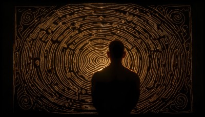 HQ,solo,short hair,1boy,monochrome,upper body,male focus,from behind,shadow,black background,silhouette,facing away,dark,black hair,border,abstract,black theme,contrast