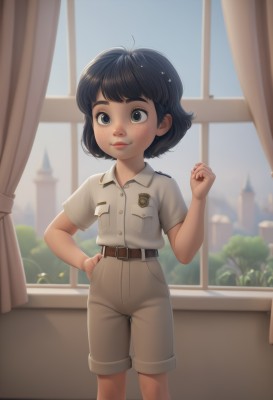 1girl,solo,looking at viewer,smile,short hair,bangs,shirt,black hair,hair ornament,closed mouth,standing,white shirt,short sleeves,shorts,day,collared shirt,belt,artist name,indoors,hand up,blurry,uniform,black eyes,hand on hip,window,buttons,blurry background,feet out of frame,thick eyebrows,curtains,clenched hand,child,androgynous,freckles,pocket,white shorts,female child,brown belt,breast pocket,male child,badge,brown shorts,blue eyes,lips,military,military uniform,epaulettes