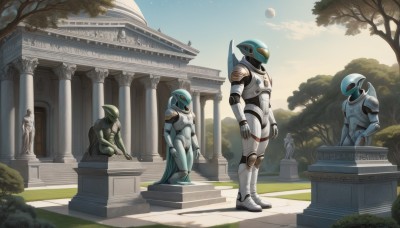 sitting,standing,outdoors,multiple boys,sky,day,cloud,armor,tree,no humans,moon,helmet,robot,star (sky),science fiction,stairs,realistic,pillar,statue,alien,power armor,spacesuit,column,weapon,scenery,architecture,planet,stone lantern