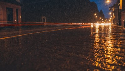 outdoors,sky,water,no humans,night,building,night sky,scenery,reflection,rain,city,sign,light,road,fireworks,bridge,power lines,lamppost,street,city lights,lights,blurry,wet,ground vehicle,water drop,dark,road sign