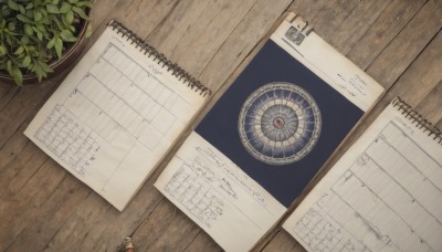 indoors,no humans,traditional media,plant,scenery,wooden floor,paper,door,pen,pencil,drawing,still life,calendar (object),marker,wooden wall,book,leaf,from above,bottle,clock,potted plant,wood