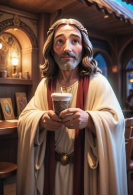 solo,long hair,looking at viewer,smile,brown hair,long sleeves,1boy,holding,brown eyes,jewelry,standing,white hair,male focus,parted lips,belt,indoors,wide sleeves,medium hair,blurry,cup,blurry background,facial hair,table,holding cup,beard,robe,realistic,mustache,candle,old,old man,white robe,chalice,upper body,artist name,necklace,black eyes,lips,nose,tunic,fine art parody