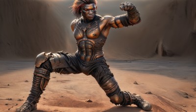 1girl,solo,breasts,smile,brown hair,gloves,1boy,nipples,male focus,boots,dark skin,armor,grin,muscular,piercing,abs,goggles,clenched hand,goggles on head,fighting stance,knee pads,black hair,full body,red hair,glowing,dark-skinned male,glowing eyes,realistic,manly