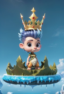 solo,looking at viewer,smile,short hair,shirt,1boy,brown eyes,jewelry,closed mouth,blue hair,standing,full body,short sleeves,male focus,earrings,outdoors,sky,barefoot,day,pants,artist name,cloud,water,chibi,black eyes,blue sky,blue background,crown,spiked hair,gem,furry,crystal,furry male,blue eyes,necklace,rock,mohawk