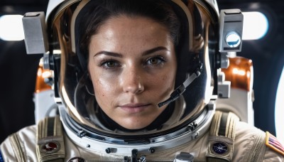 1girl,solo,looking at viewer,brown hair,black hair,brown eyes,closed mouth,mole,blurry,lips,blurry background,helmet,portrait,freckles,reflection,realistic,straight-on,american flag,spacesuit,space helmet,astronaut,forehead,headset,science fiction,serious,space,planet,dirty,spacecraft